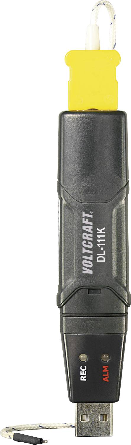 A Voltcraft USB data logger, model DL-111K. It has connections for measuring temperatures and is black with yellow elements.