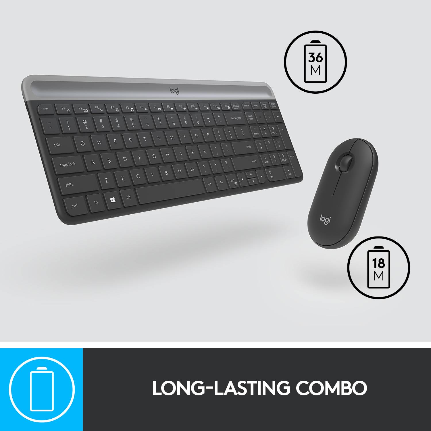 A wireless keyboard and mouse in black with battery life symbols. Text: 'Reliably long-lasting'. Keyboard: 36 months; Mouse: 18 months.