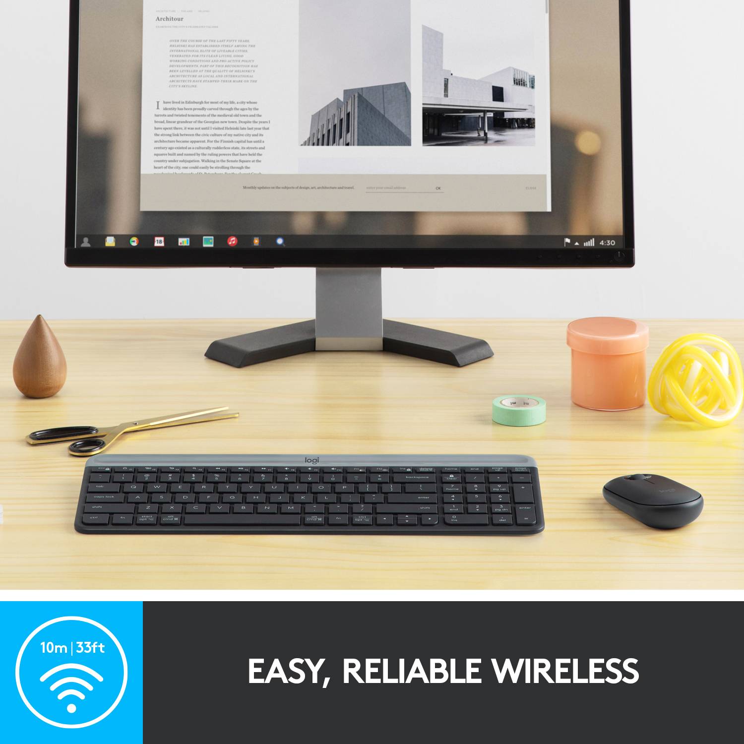 A computer monitor displays a webpage on a desk with a keyboard and mouse. Text on the image says: 'Simple and reliable wireless connection'.