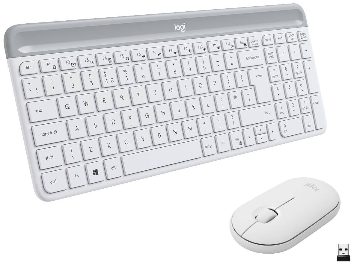 Kabellose weiße Tastatur und Maus-Set. Die Tastatur hat Volltastenlayout und Funktionstasten. Maus mit Scrollrad, geeignet für Büroarbeiten.