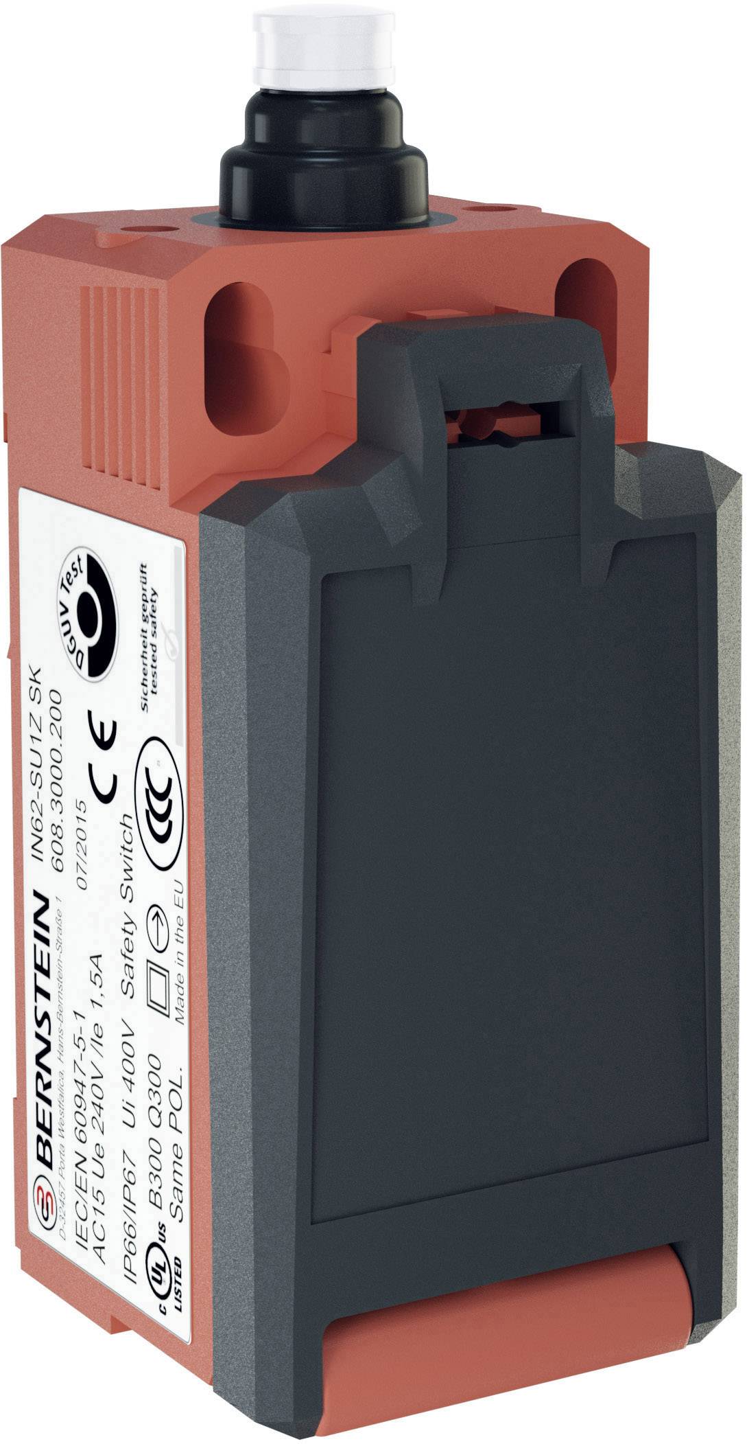 Red safety limit switch by BERNSTEIN with black housing, CE and TÜV certified, Model IN65U1ZEK.