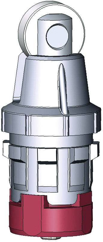 A silver and red machine component with multiple toothed sections and a ring at its tip. Possibly a mechanical coupling or tool.