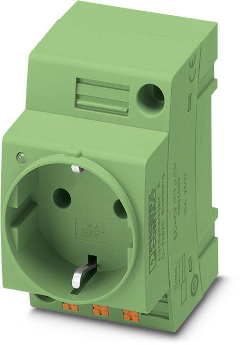 A green power strip for DIN rail mounting, with CE marking. Suitable for 250 V, 16 A current rating.