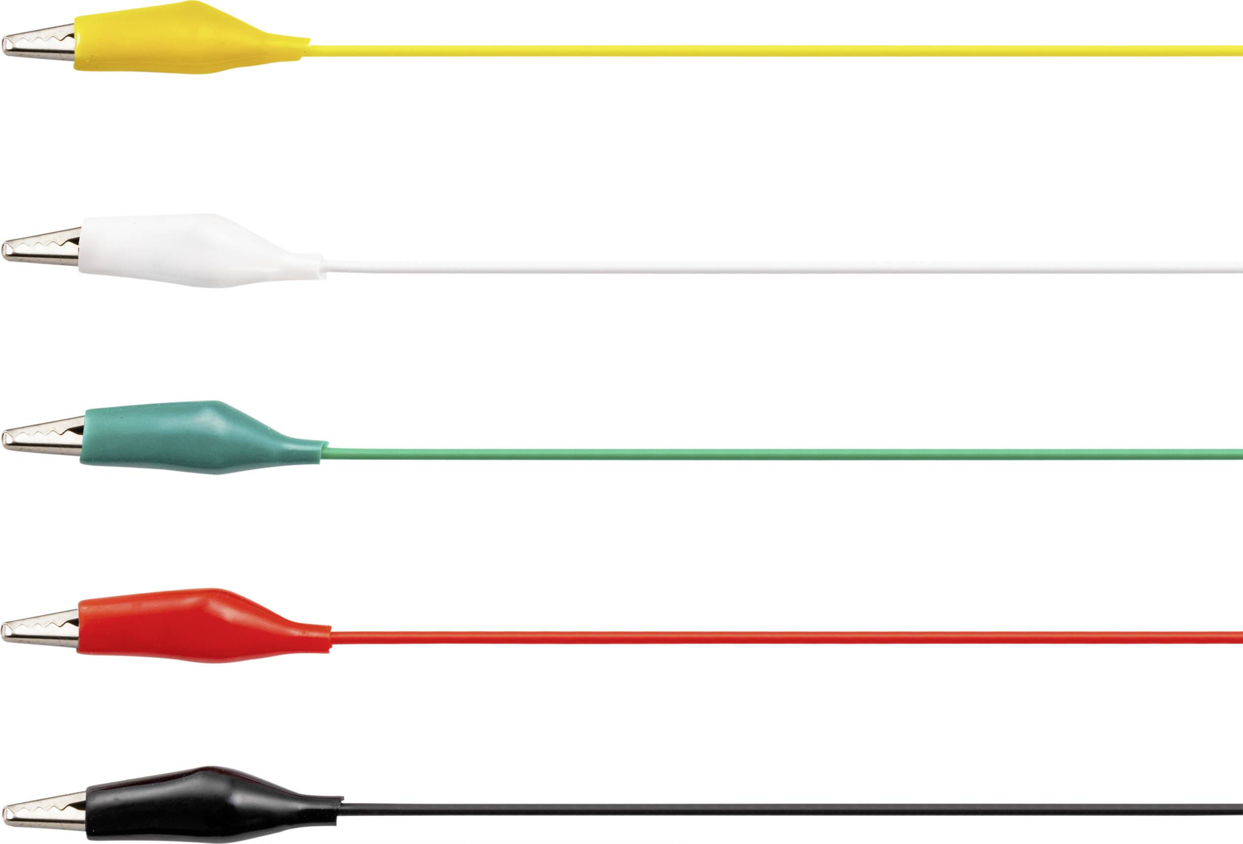 Five crocodile clips in yellow, white, green, red and black, arranged horizontally side by side.