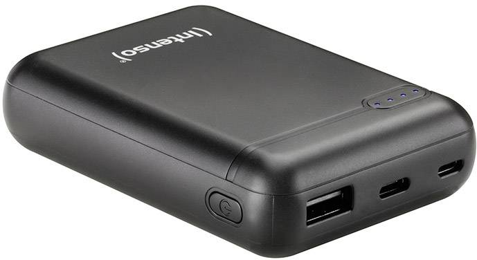 Black power bank with two charging ports and a power switch on the side. Device has four LEDs for battery level indication.