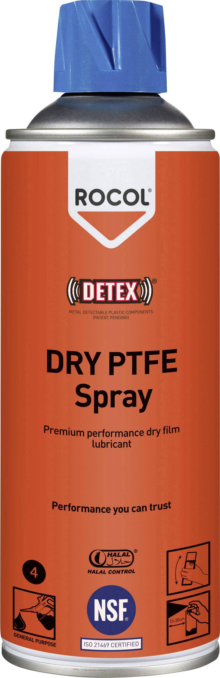 Red spray can with blue cap. Label reads: 'ROCOL Dry PTFE Spray'. Suitable as a dry film lubricant. NSF certified.