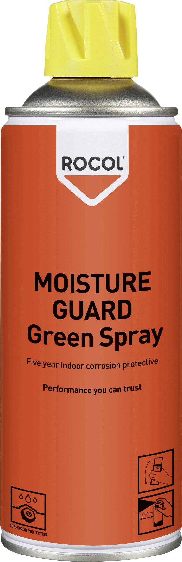 Spray can by 'Rocol' with 'Moisture Guard Green Spray' inscription, used as corrosion protection for interior applications.