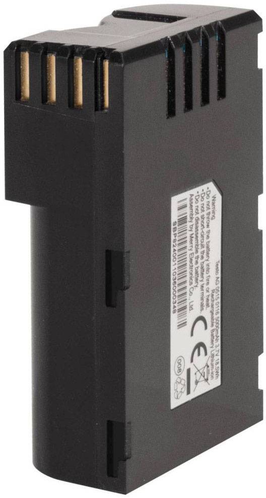 A black battery with contact pins and a label displaying technical specifications and CE marking on the side.