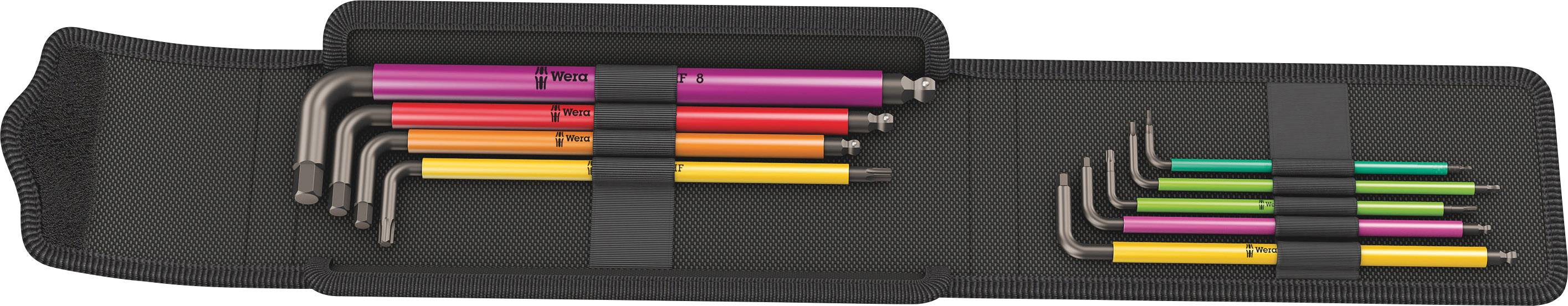 A set of hexagonal screwdrivers in various sizes and colours, laid out in an open black tool bag.