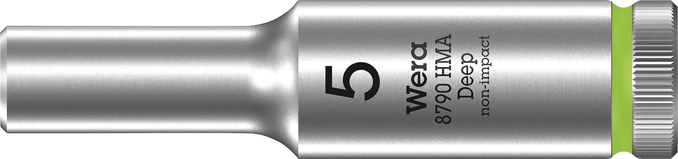 A Wera Hex Socket, size 5, model 8790 HMA, suitable for non-impact applications, with a silver finish and green ring.