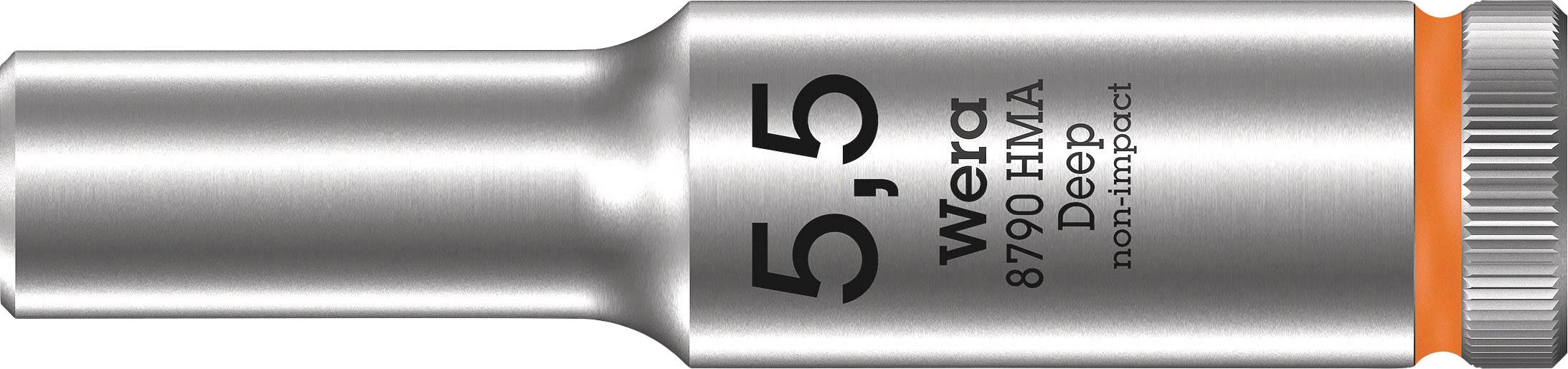 Hexagon socket 5.5 mm by Wera, Model 8790 HMA, deep, non-impact, silver-coloured with orange ring, for screwdriver bits.