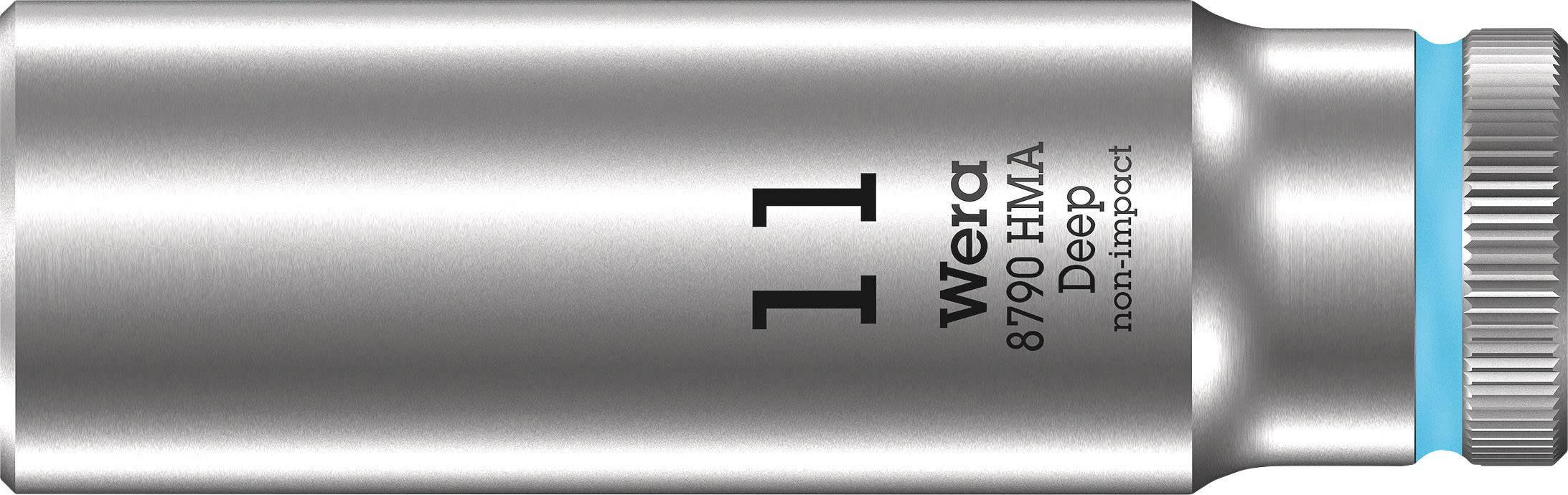 Socket extension size 11, Wera brand, model 8790 HMA Deep, suitable for hand applications, on a silver background.