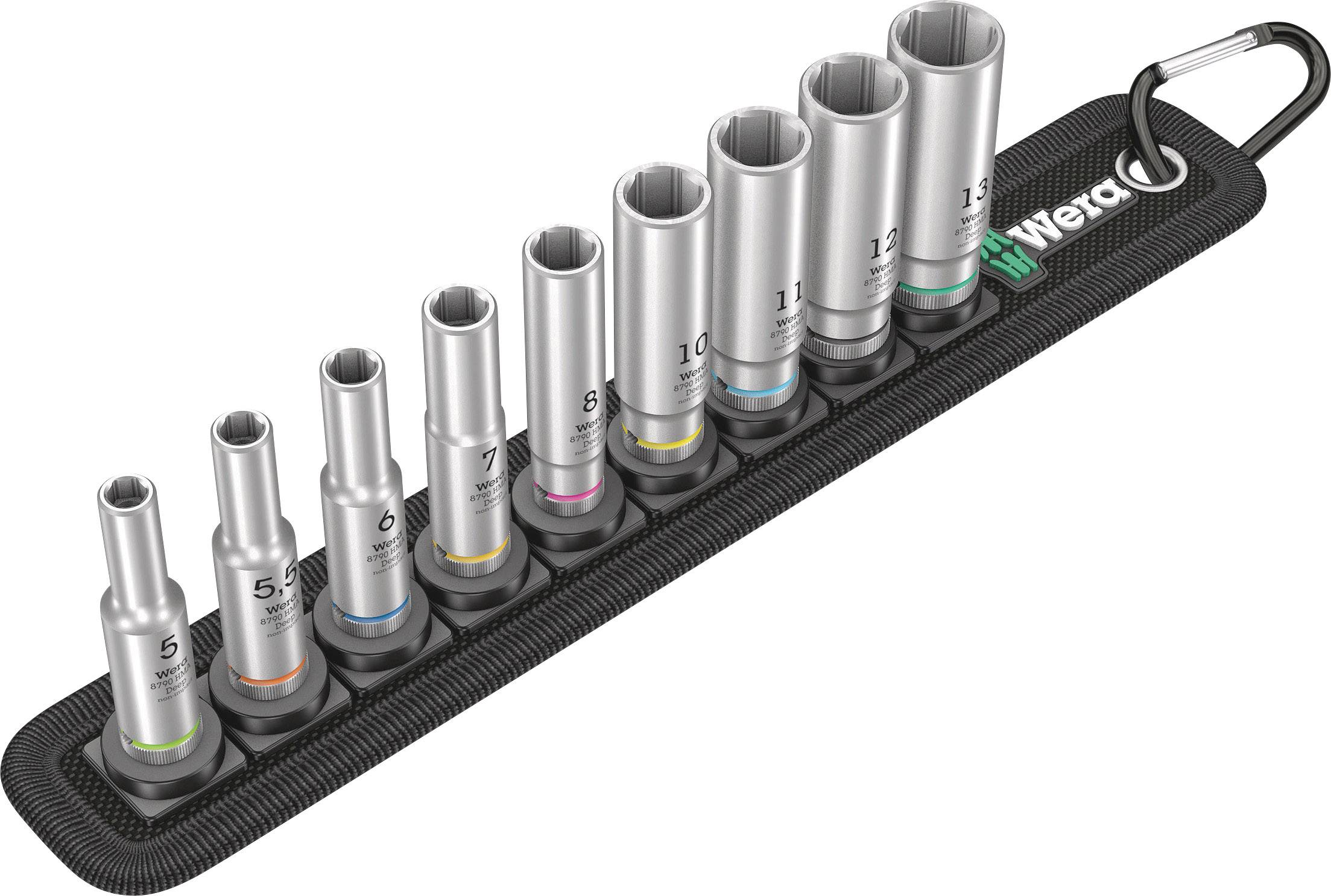 Set of ten screwdriver nuts in various sizes, numbered from 5 to 13, in a black holder with the Wera logo.