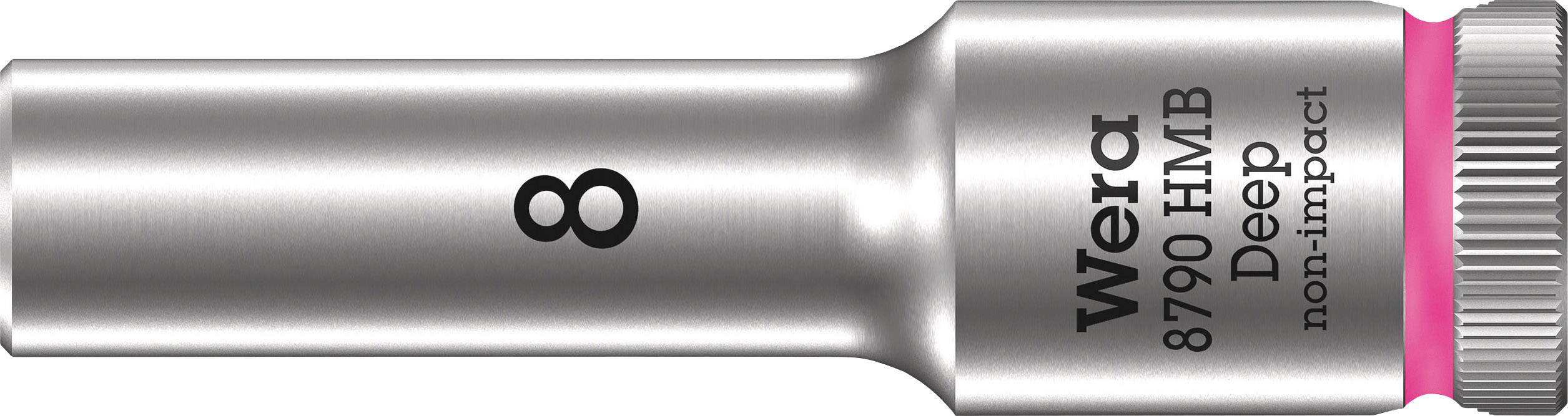 Metallic socket with 'Wera 8' marking. Suitable for non-impact applications, deep design for improved accessibility.