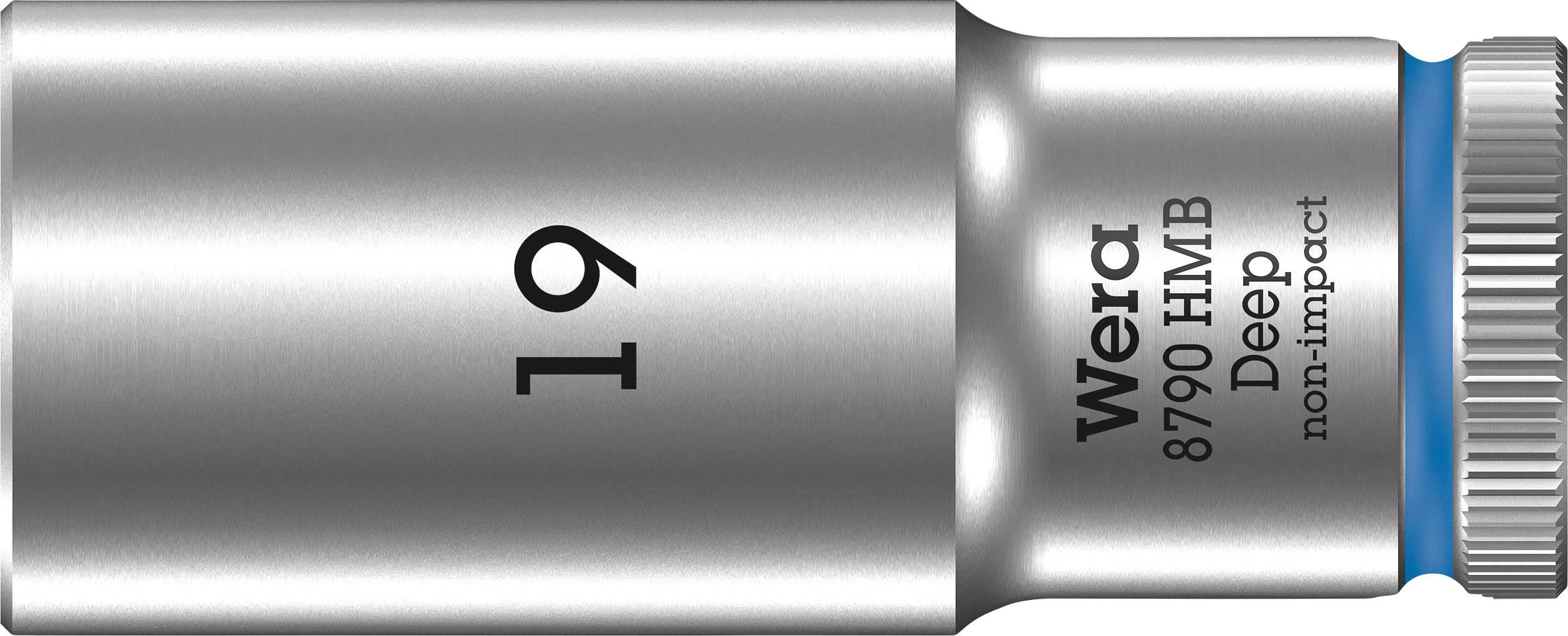A deep socket with size '19' from the Wera brand, model '8790 HMB' made of metal, suitable for non-impact applications.