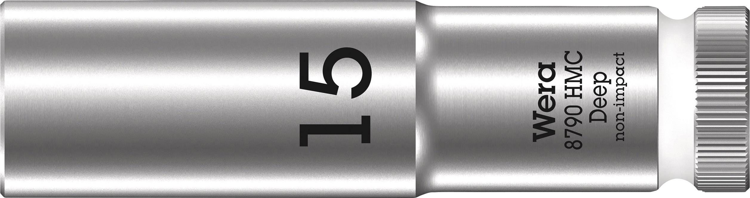 A socket extension with the marking '15', manufactured by Wera, model '8790 HMC Deep non-impact'.