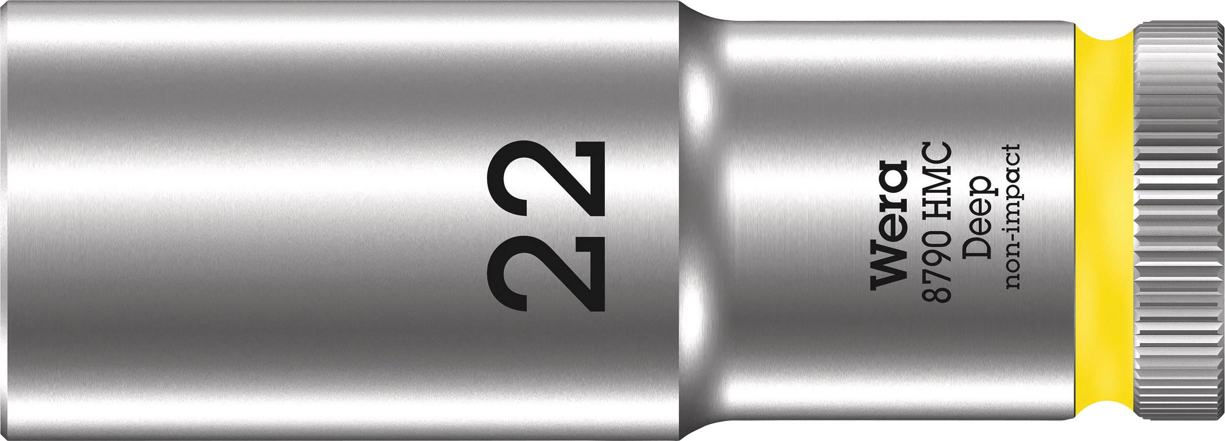 '22 mm Socket' and 'Wera 8790 HMC Deep' on silver spanner; yellow ring at the edge.Note: In British English, we would typically say:- 'Socket' instead of 'Nuss'- 'Spanner' instead of 'Schraubenschlüssel'- 'Ring' placement remains the same