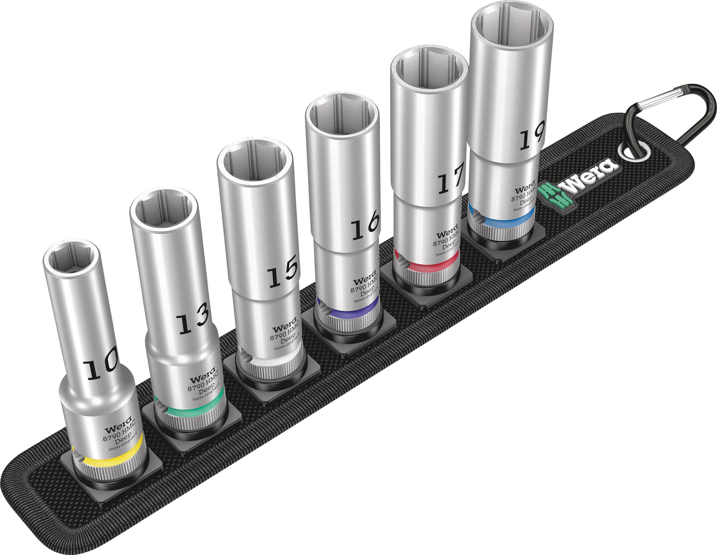 Set of six Wera socket wrenches in ascending sizes from 10 to 19 mm, arranged in a black holder with coloured rings.