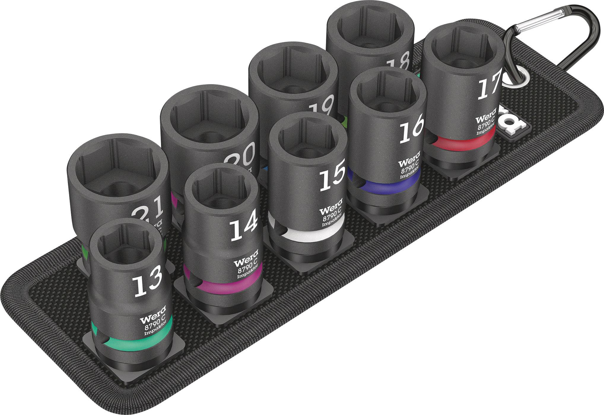 Set of eight socket head attachments in various sizes from 13 to 21 mm, mounted on a holder with markings and colours.