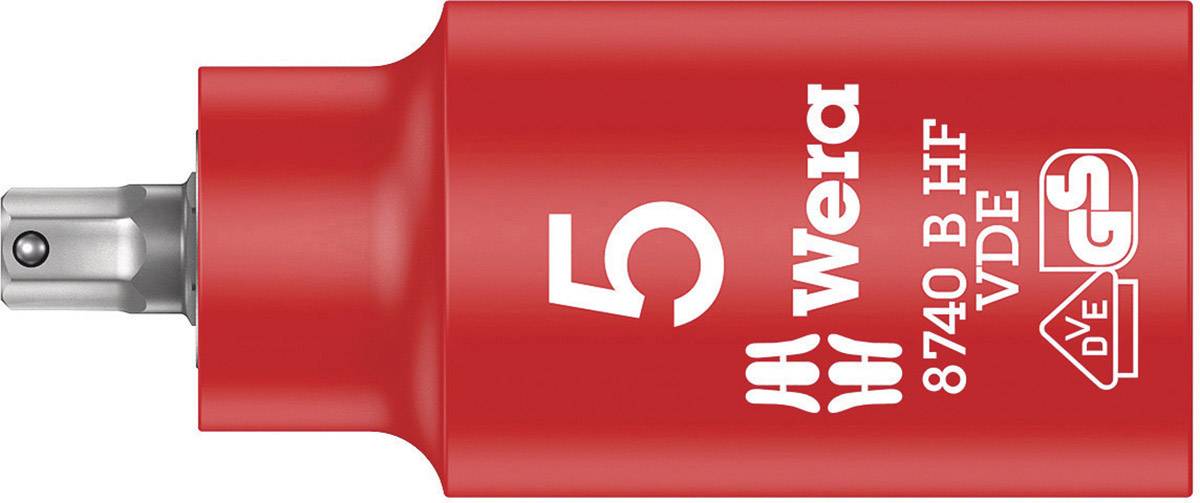 Red VDE insulated hex socket wrench, size 5, by Wera, model 8740 B HF VDE, with safety certification seal.