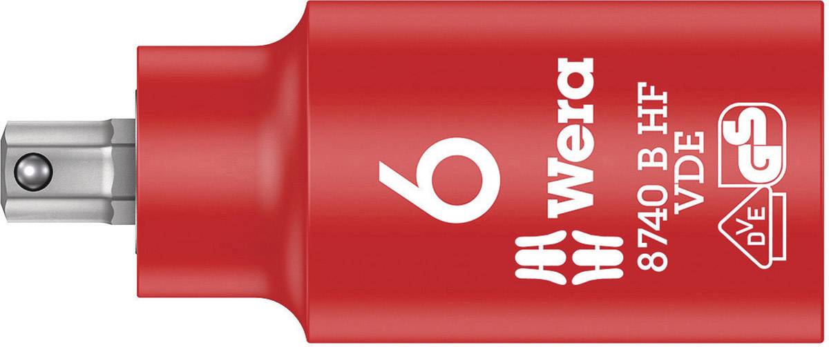 Red Wera hexagon socket wrench with '6', '8740 B HF', 'VDE' and GS mark printed on it.