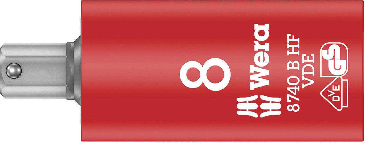 Red socket wrench with 'Wera 8740 B HF VDE' inscription, showing size 8. Safety symbol and VDE certification are visible.