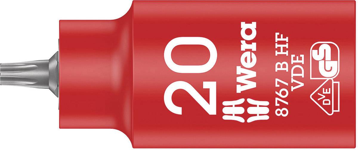 A red screwdriver head with the inscription 'Wera 20, 8767 B HF, VDE'. Contains GS and VDE certification logos.