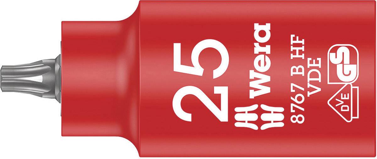 Red screwdriver bit by Wera, model 8767 B HF, size 25, showing several inspection marks on it.