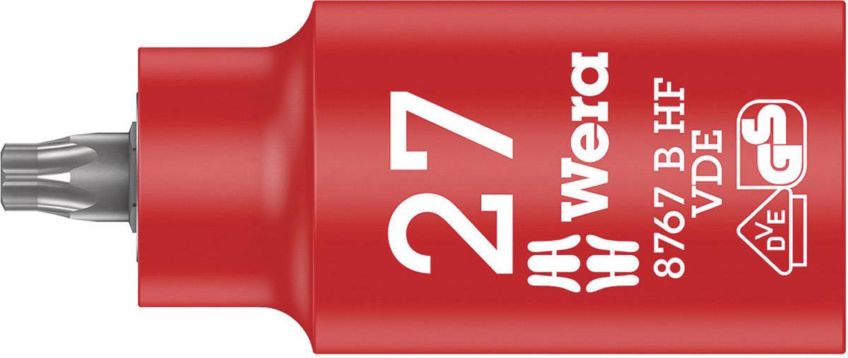 Red screw protection cover with 'Wera 27' printed on it. Underneath are additional details and VDE certification. A screw head is visible on the left.