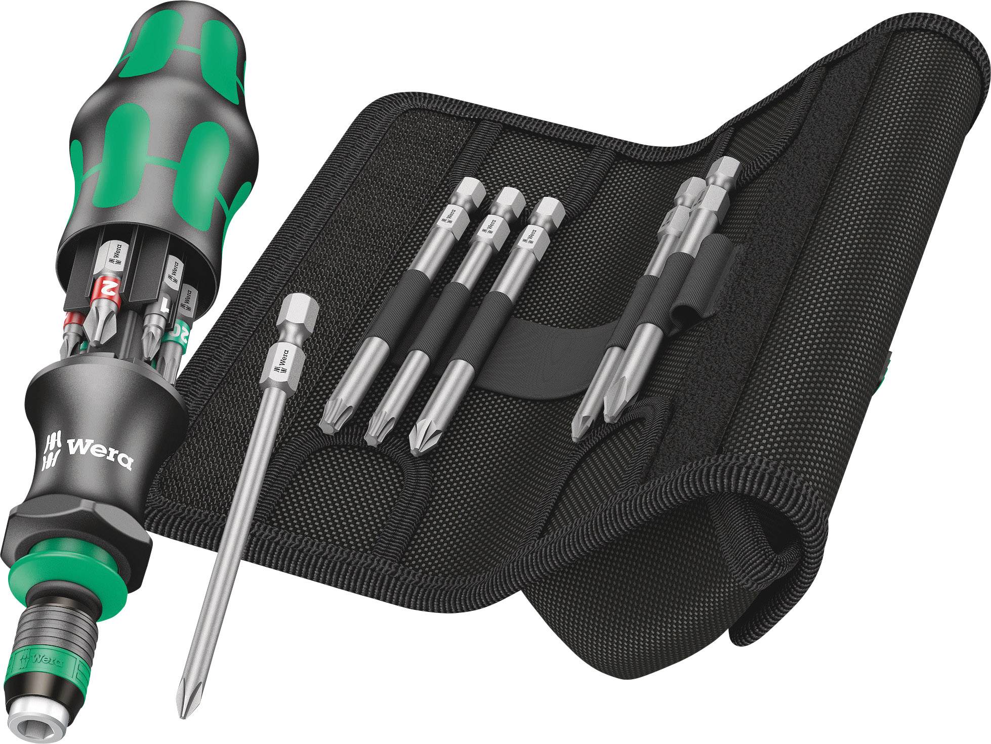 'Wera' screwdriver set with various bits and tool holder in a black, folding case.