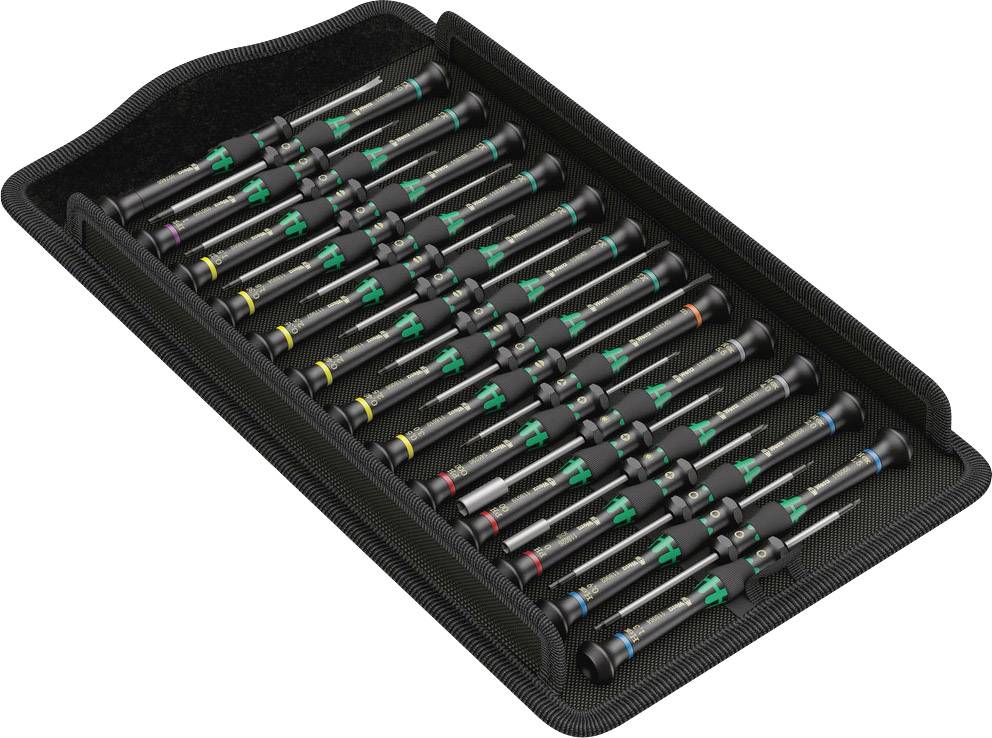 A set of precision screwdrivers in various sizes with colour-coded handles, neatly arranged in a case.