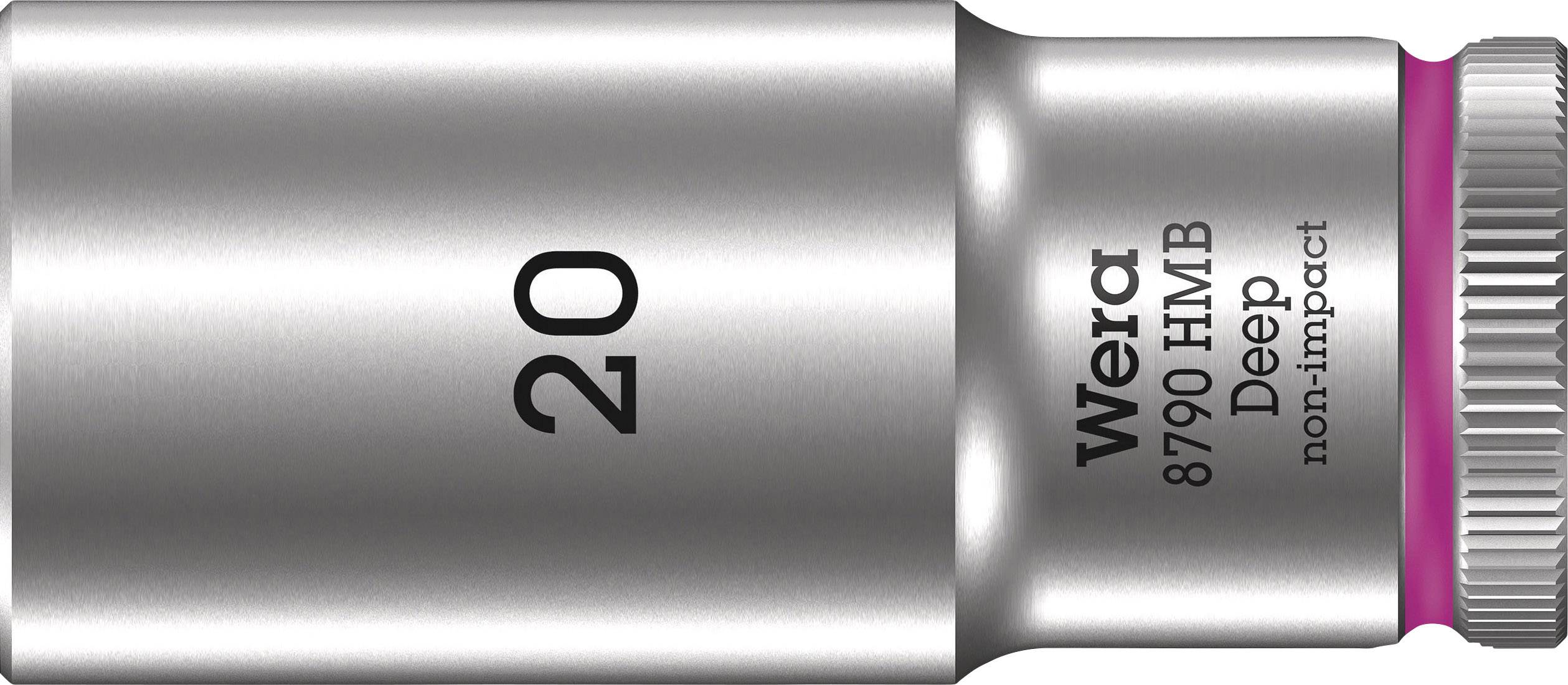 Metallic socket with the engraving '20' and the inscriptions 'Wera 8790 HMB Deep non-impact'. Suitable for hand tools.