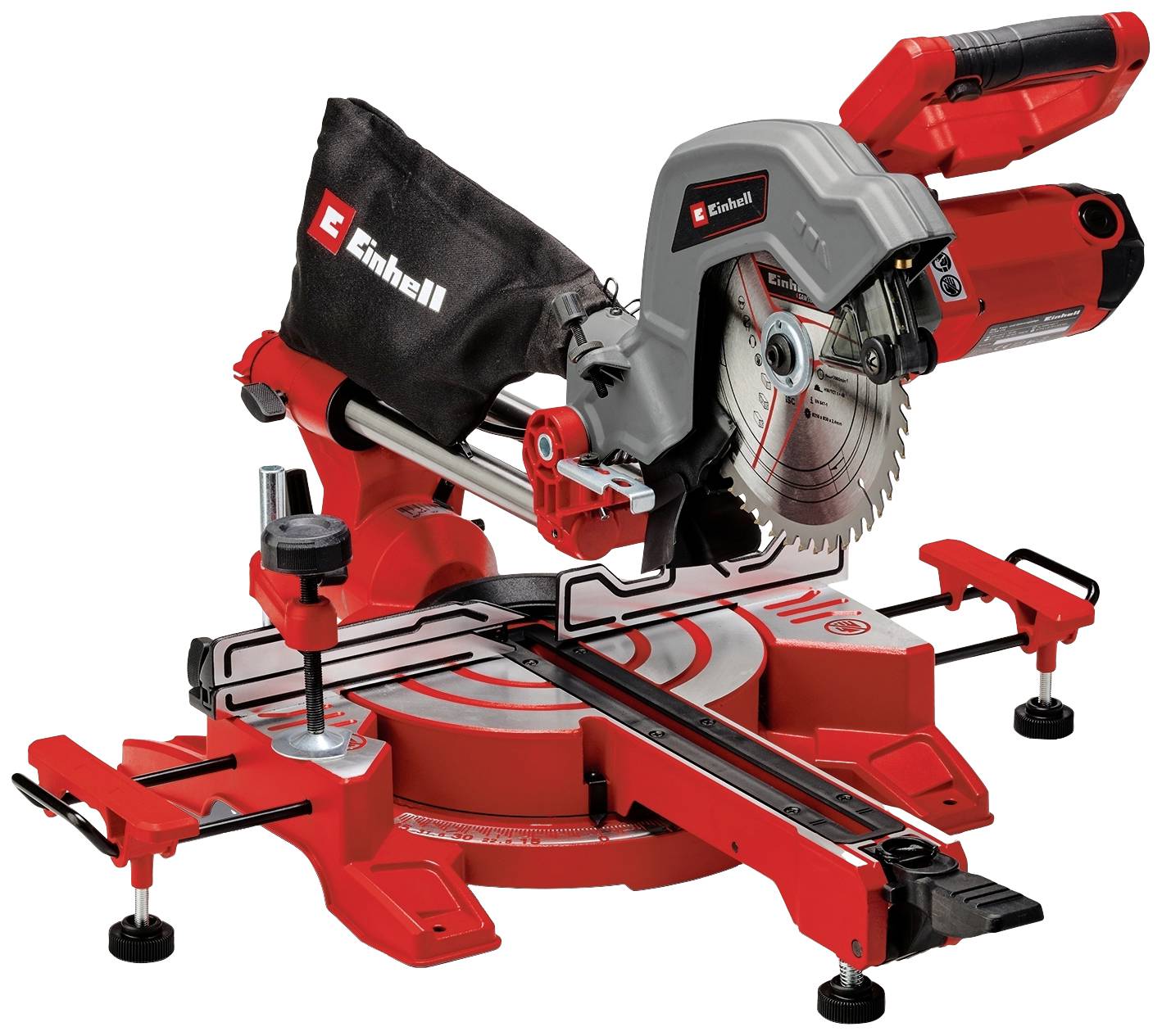A red and grey mitre saw with a saw blade in the centre. The saw has a black dust bag in the background.