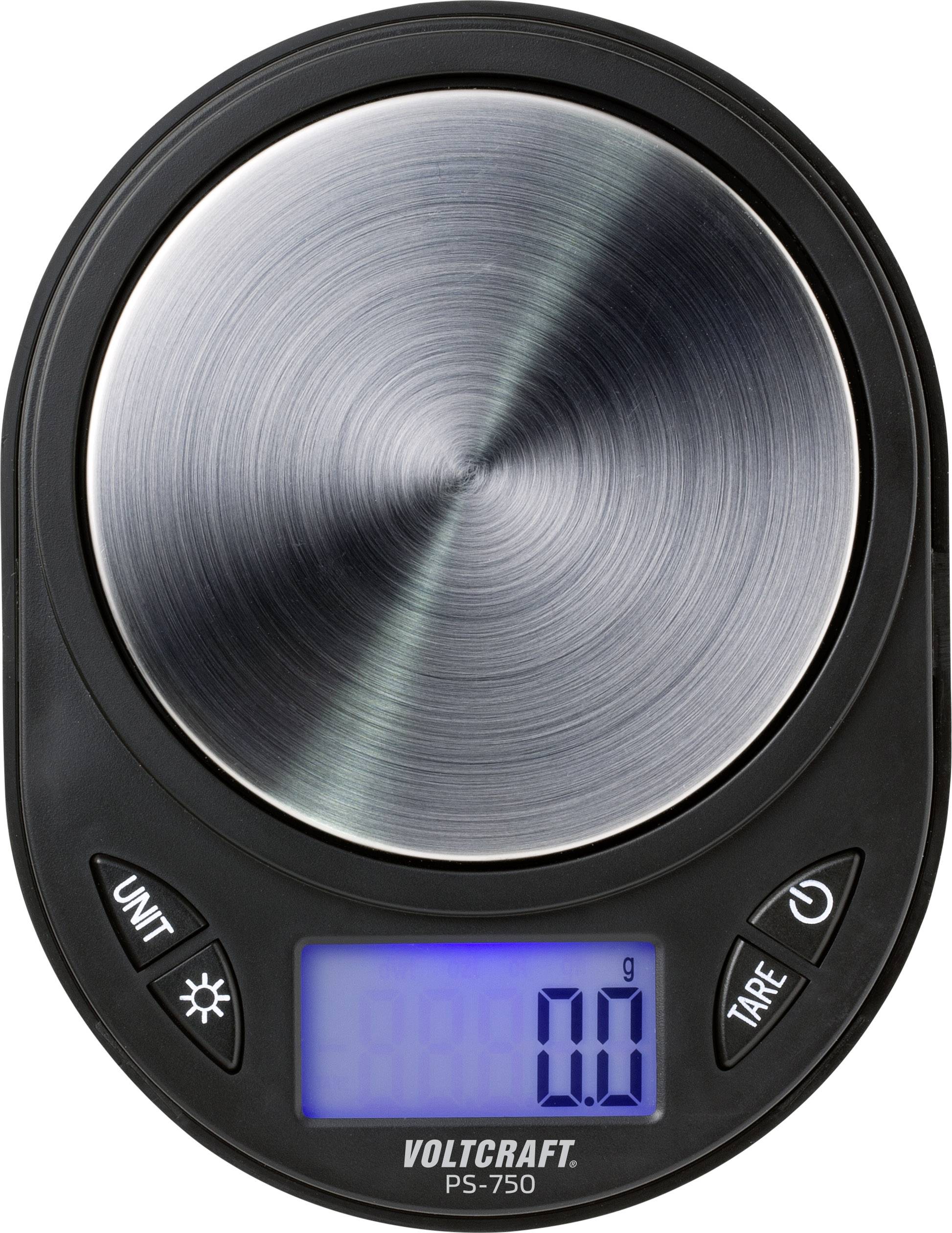 Electronic kitchen scales with digital display, showing '0.0 g'. Round stainless steel weighing surface, black-edged, with operating buttons.
