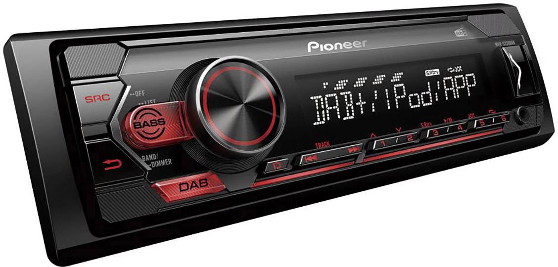 Car radio in a modern design with a display showing text lines such as 'DAB+ iPod APP'. Rotary dial and various function buttons visible.