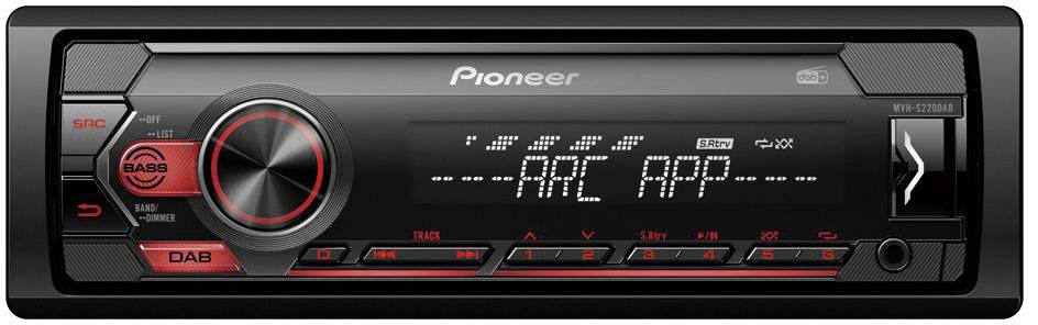 Car radio front view with large volume control dial, display showing 'ARC APP', buttons for DAB and settings. Branded with 'Pioneer'.