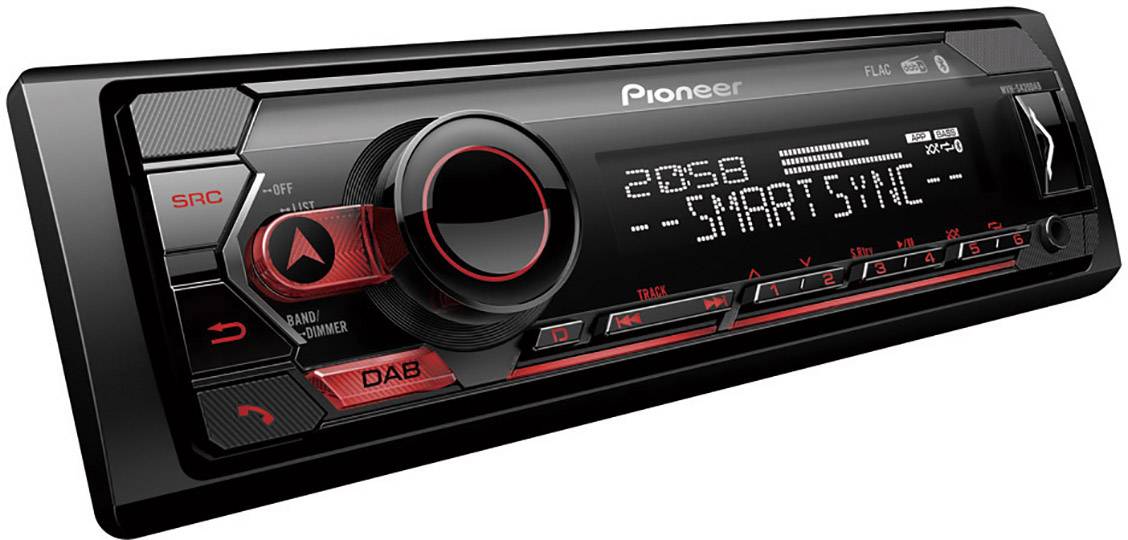 Car radio with a digital display, showing 'SMARTSYNC', featuring control buttons and a large volume dial.