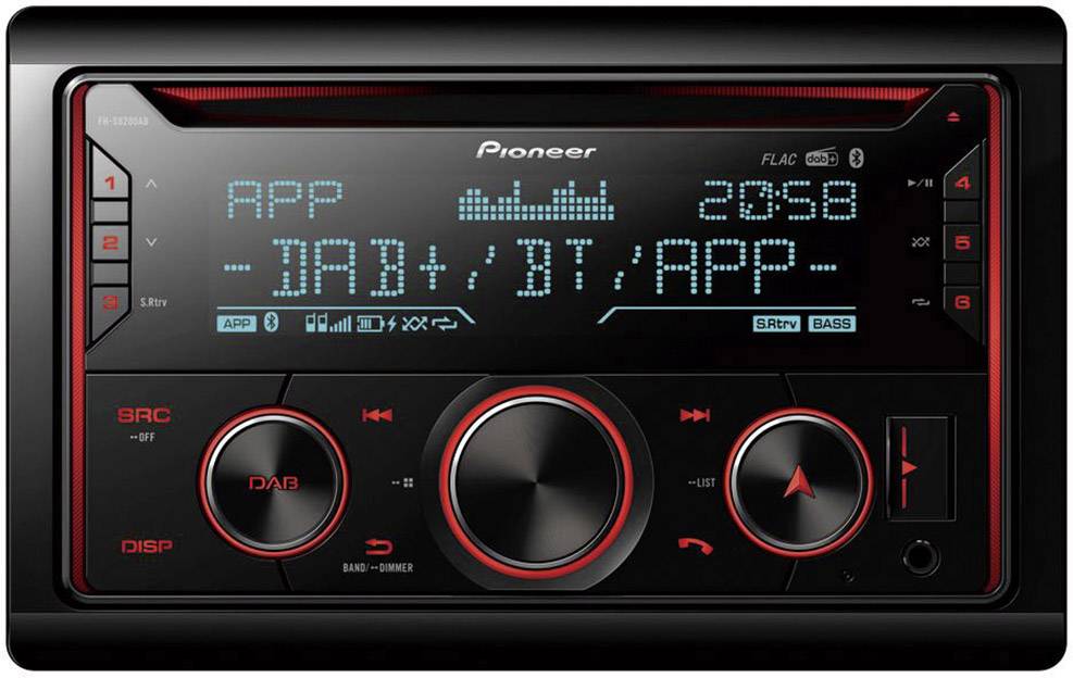 Car radio with digital display, showing 'APP DAB' and the time 20:58. Control buttons and rotary dial highlighted in red.