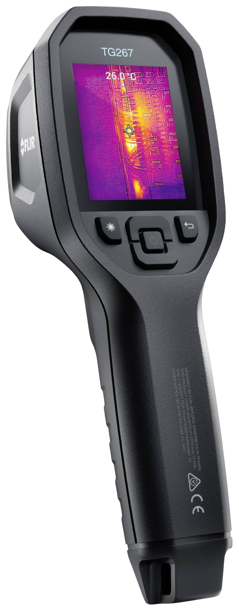 Handheld thermal imaging camera displays thermal imaging measurement on screen, detecting temperature differences for diagnostic purposes.