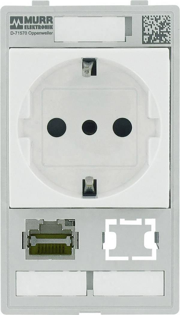 White wall connection plate with one power socket, an Ethernet port, and an empty module slot. 'Murr Elektronik' is written at the top.