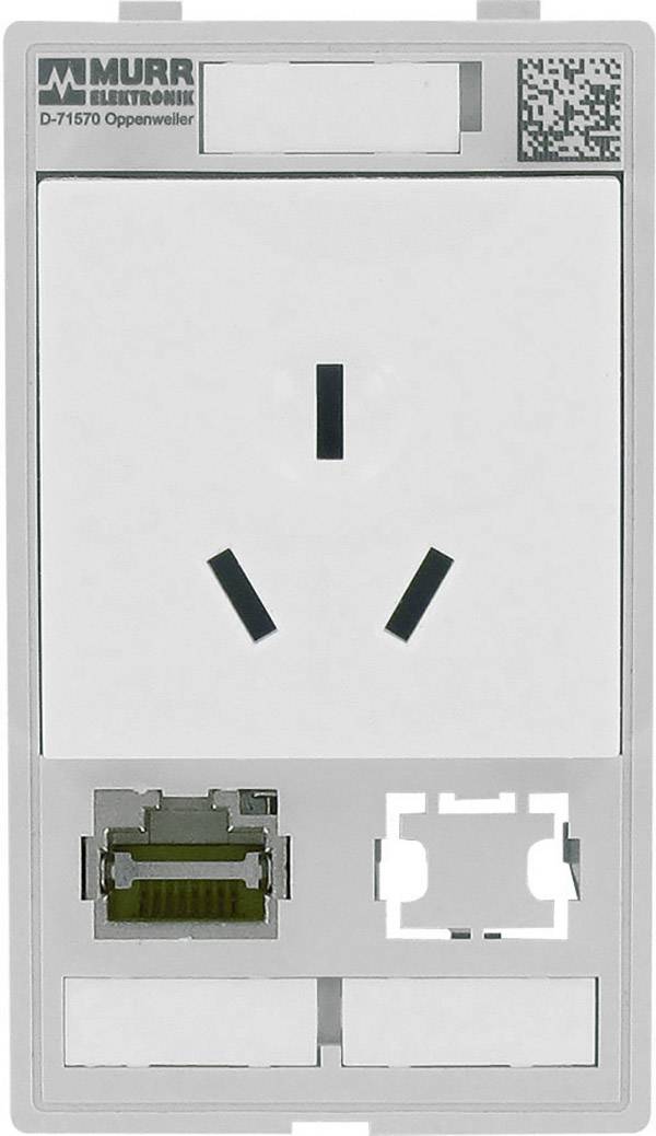 White wall socket with 3-pin socket opening, Ethernet connection and additional space for modules. Labelled with Murr Elektronik.