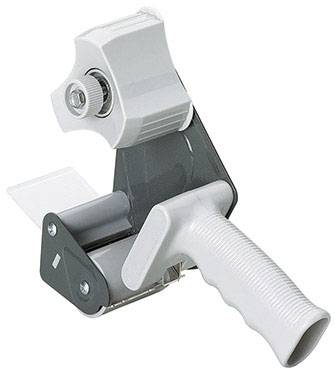 A grey hand-held tape dispenser for packaging tape, with an ergonomic handle and adjustable tension.