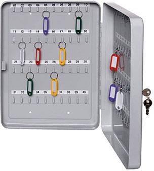 Metal key cabinet with open doors and numbered hooks. Several colourful key fobs are hanging on the hooks.