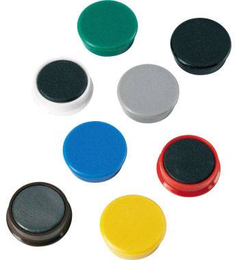 Eight round magnets in various colours: green, black, white, grey, blue, red, brown and yellow, on a white background.