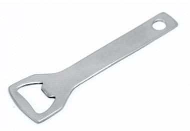 Metal bottle opener with a hole at the end of the handle, against a white background.