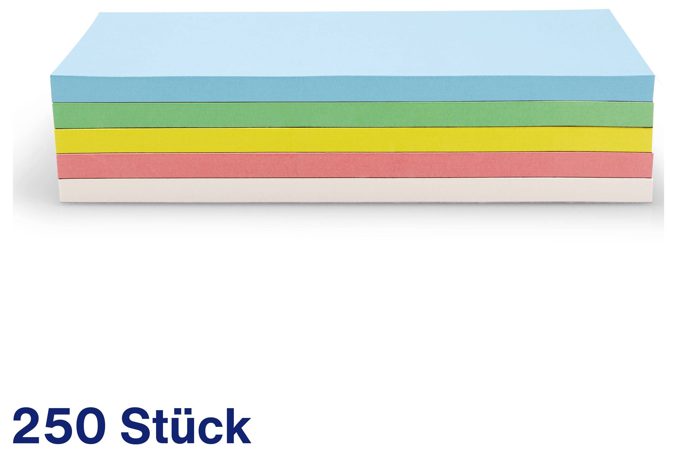 A stack of 250 sticky notes in various colours: blue, green, yellow, orange and pink.