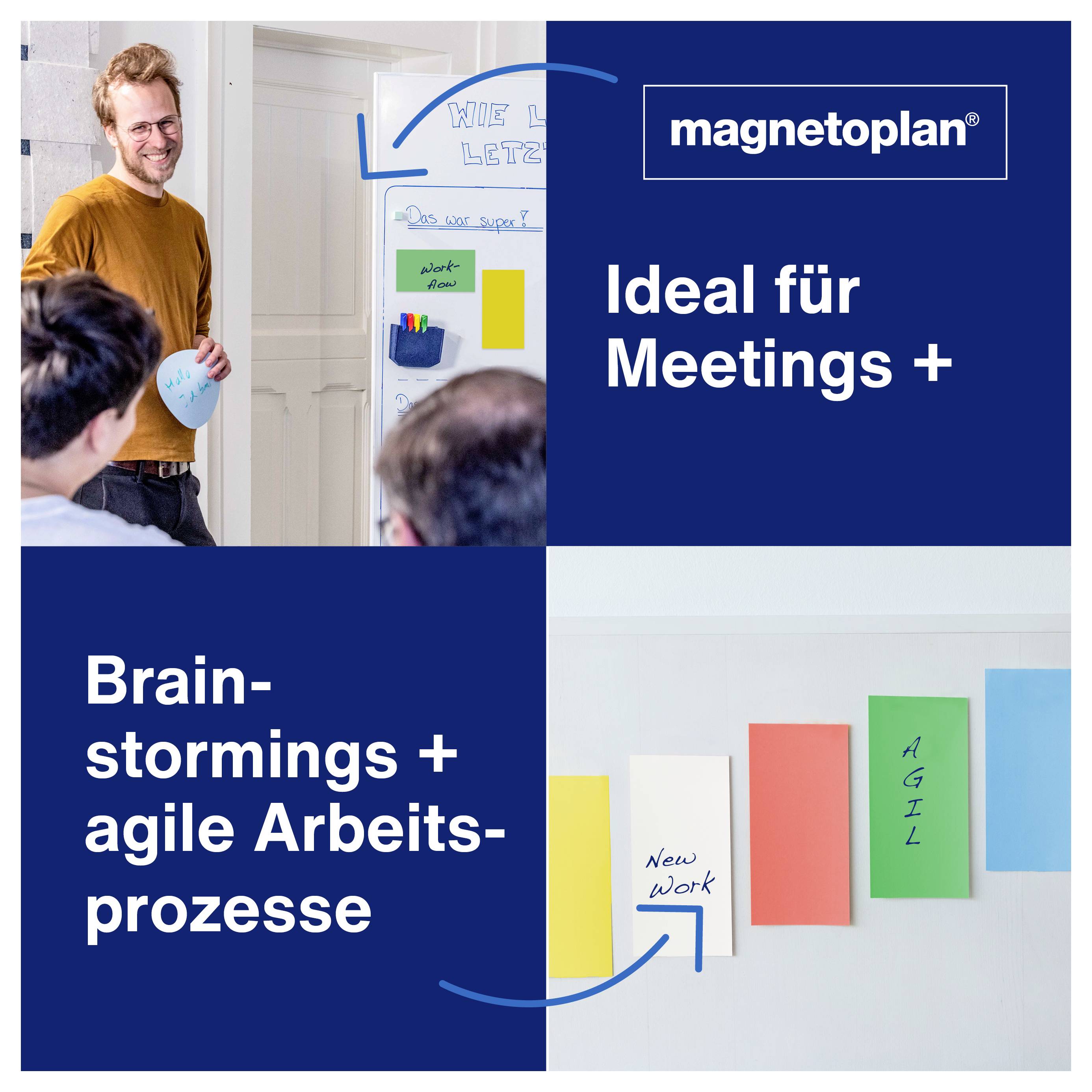 A man presents in front of a whiteboard with coloured notes. Text: 'Ideal for meetings, brainstorming sessions + agile work processes.'