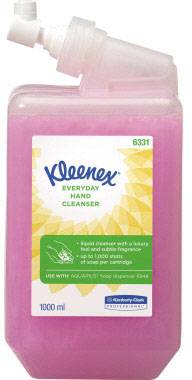 Pink hand sanitiser bottle with the label 'Kleenex Everyday Hand Cleanser'. Contents: 1000 ml. Suitable for specialised soap dispensers.
