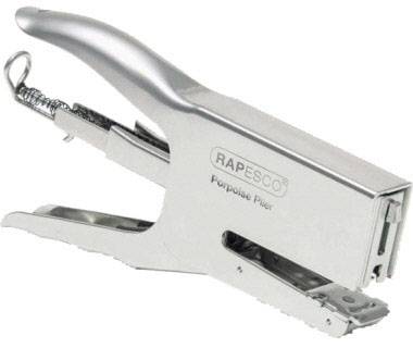 A silver office stapler by the brand Rapesco, model 'Porpoise Pliers', pictured from the side.