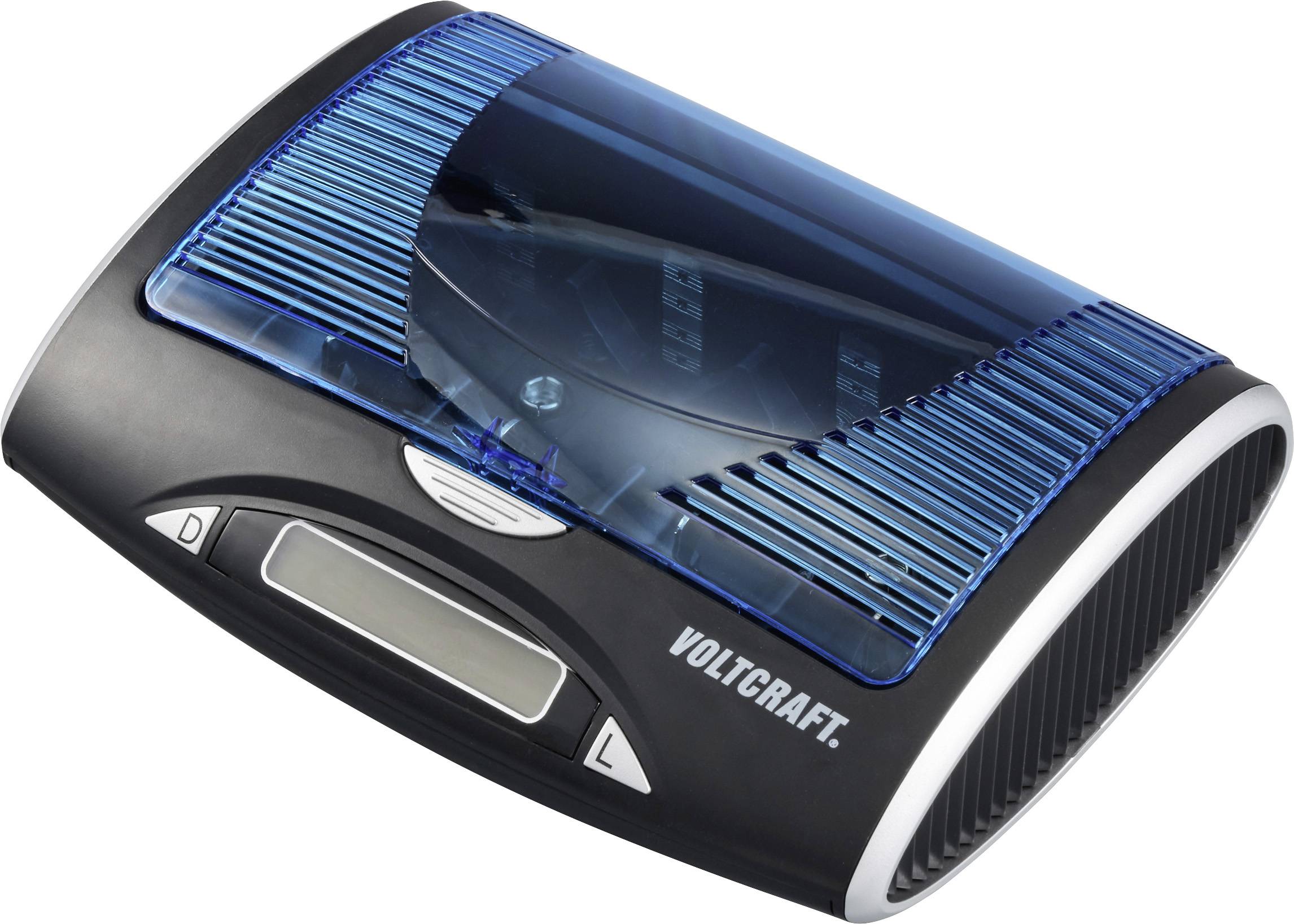 A digital car inverter by Voltcraft with a blue plastic casing and display.